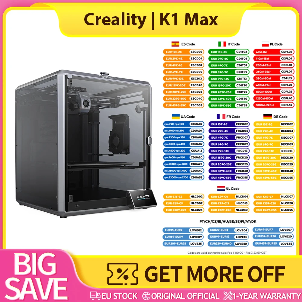 Creality K1 Max 3D-printer, automatische nivelering, maximale printsnelheid 600 mm/s, direct drive extruder, touchscreen, 300*300*300 mm, superhoge snelheid, maximale flow 32 mm³/s, werken bij hoge