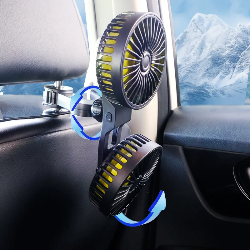 3-Speed Car Seat Back Cooling Fan 360° Adjustable Dual Head Fan Auto Headrest Ventilation Fan Brushless Fan Car Accessories