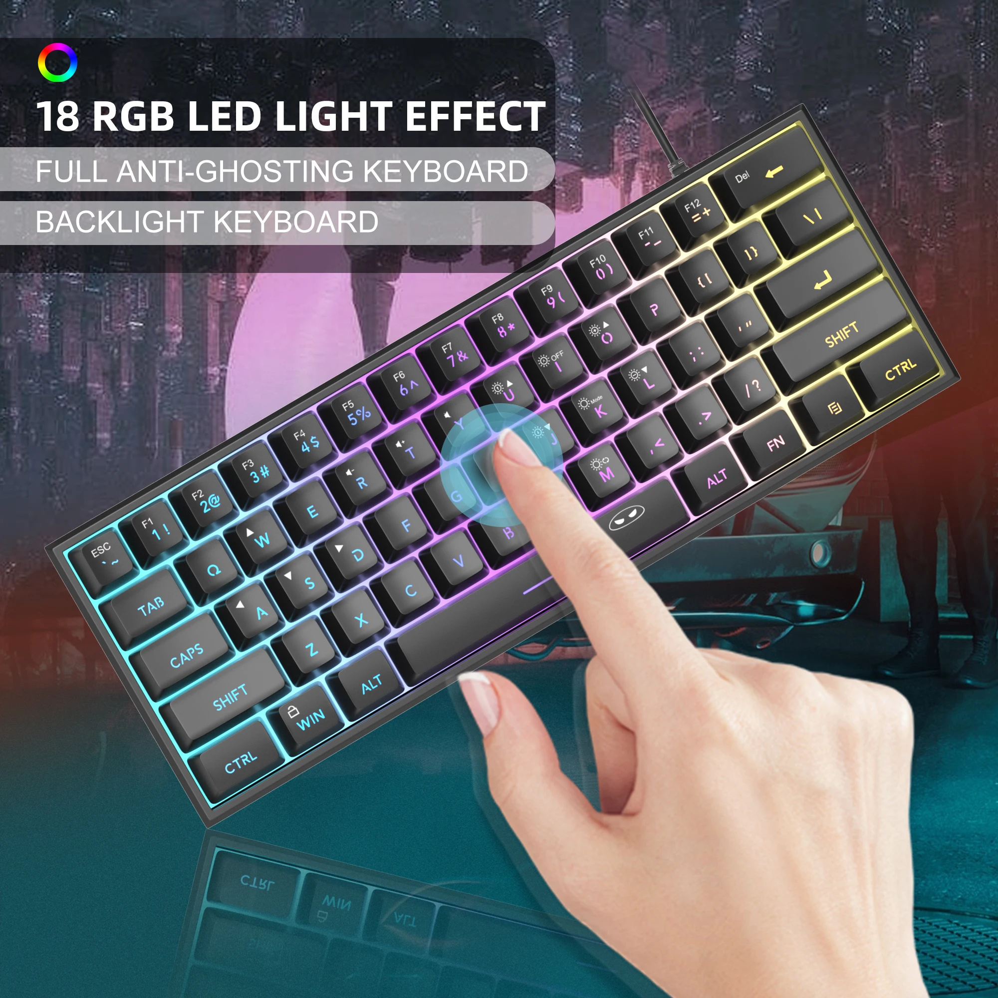 MageGee Mini %60 Oyun Klavyesi, RGB Arkadan Aydınlatmalı 61-Tuş Ultra Kompakt Klavye, TS91 Ergonomik Su Geçirmez Mekanik Duygu Ofisi