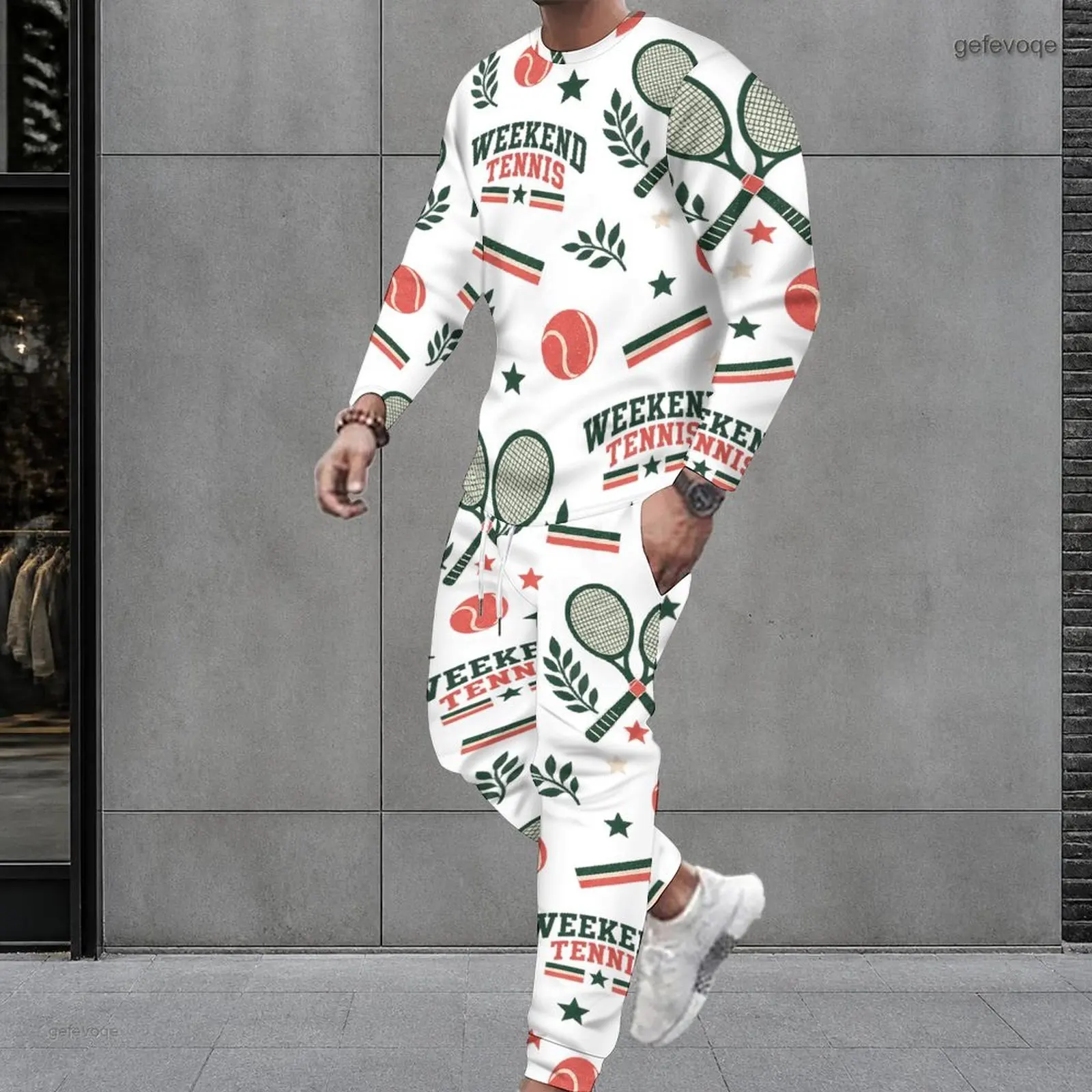 Men Weekend Tennis Racket Ball Printed Round Neck Long Sleeve Top And Cuffed Pants Two Piece Set