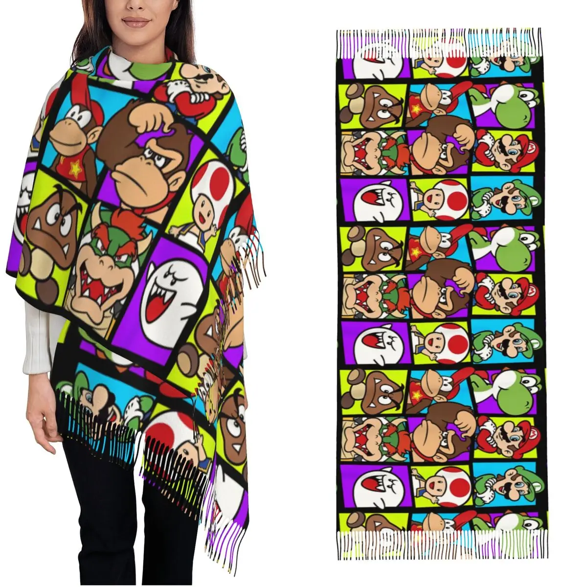 Super Mario Yoshi Luigi Bowser & Gang Box-Up Shawl Wrap Women Winter Warm Large Soft Scarf Game Pashminas Tassel Scarves