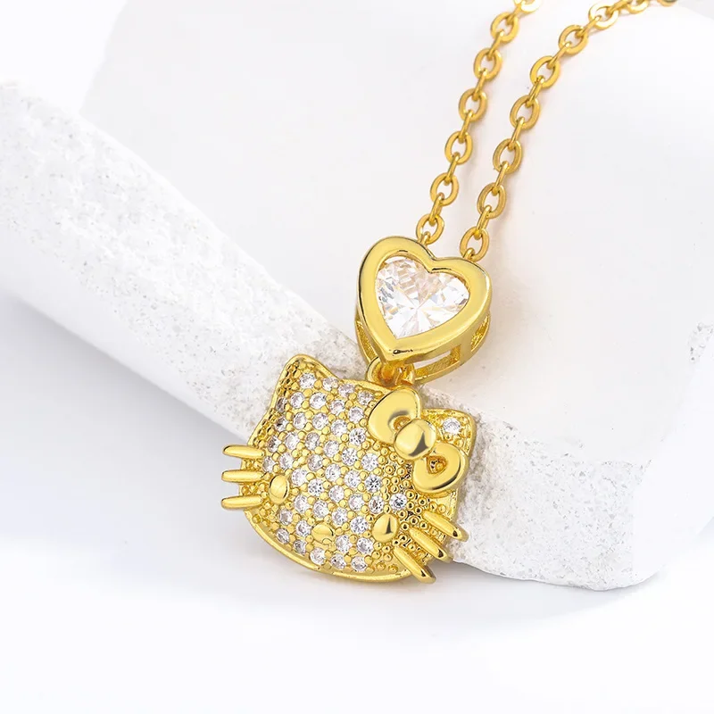 Lovely Hello Kitty Necklace Cartoon Sanrio Diamond Cat Pendant Heart-shaped Collar Chain Couples Fashion Jewelry Girl Gift.