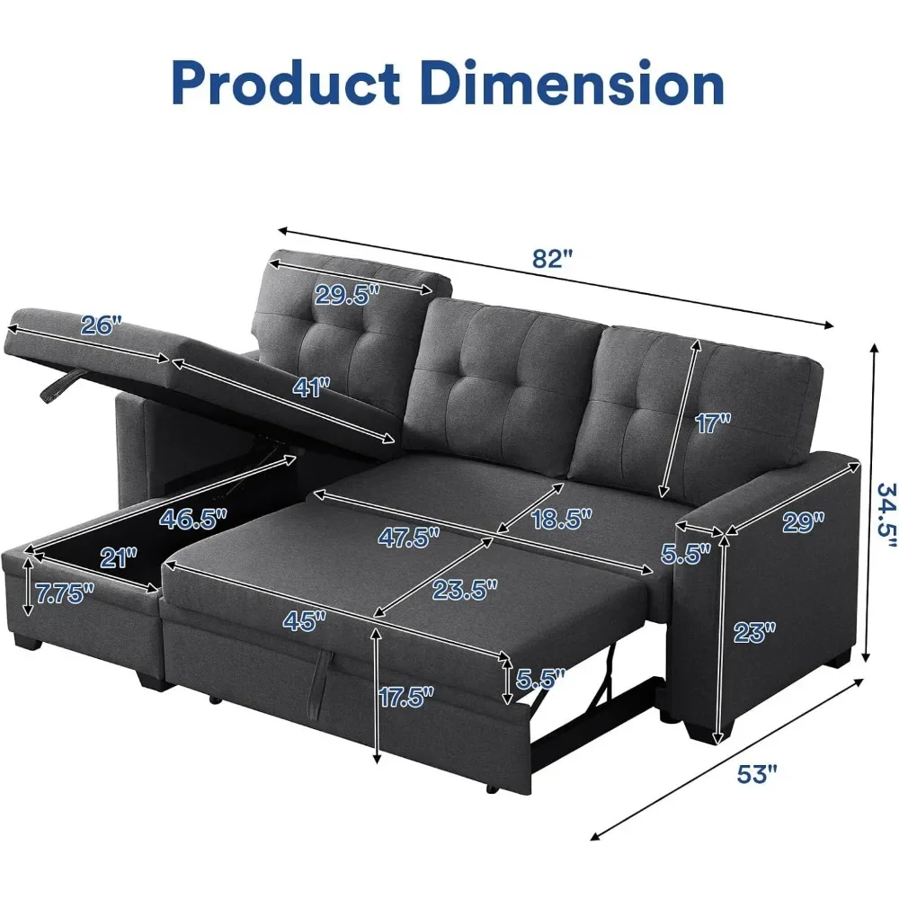 4-in-1 Convertible L Shaped Couch with Pull Out Bed and Storage, Sectional Sleeper Sofa with Reversible Chaise for Living Room