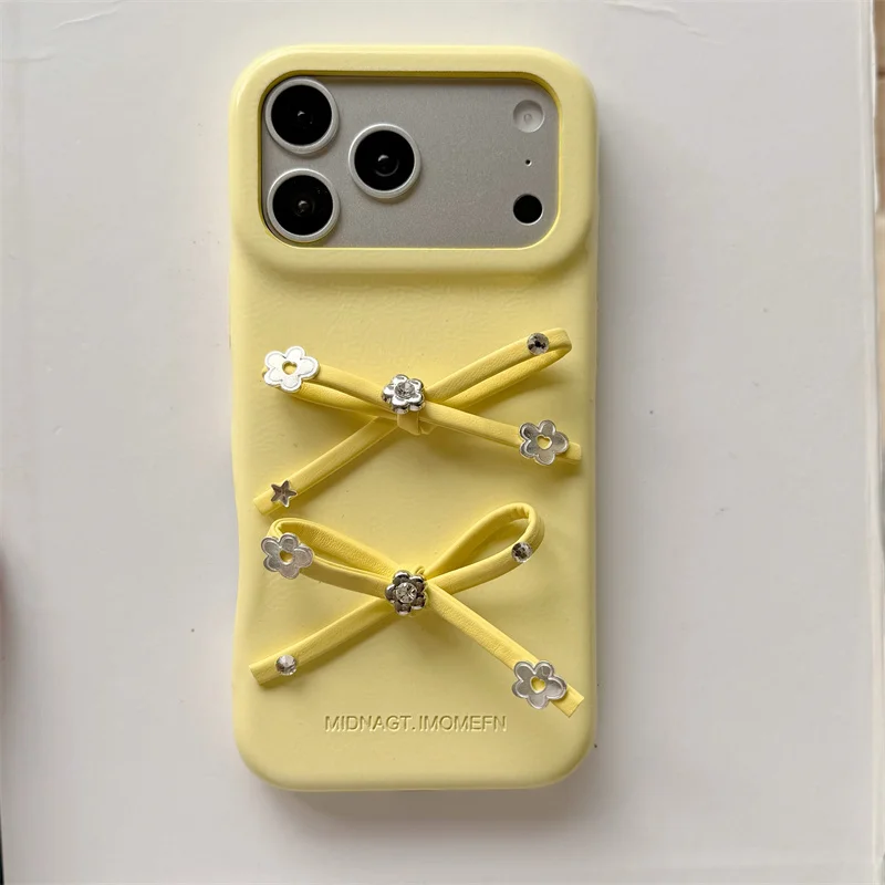 Korean Cute 3D Diamond Flower Bowknot Leather Phone Case For iPhone 17 Pro 16 15 14 Pro Max Protective Cover Shockproof Cases Fu