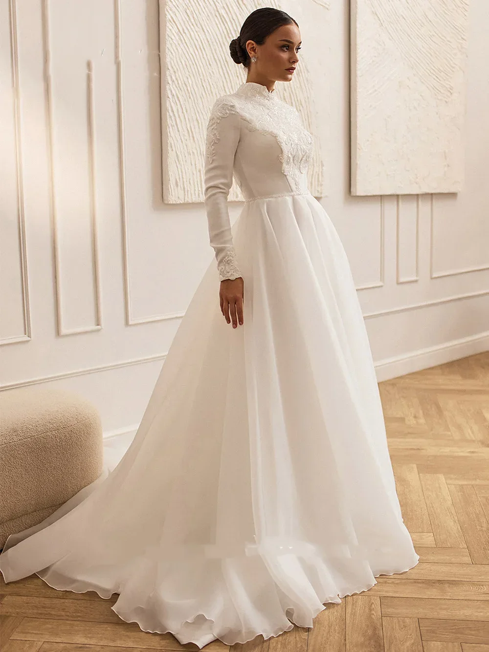 

Свадебные платья на заказ: с высоким воротом, длинными рукавами, бисерной вышивкой, аппликациями, А-силуэт, из органзы, мусульманское свадебное платье, арабские свадебные платья (Vestidos De Novia Boda)