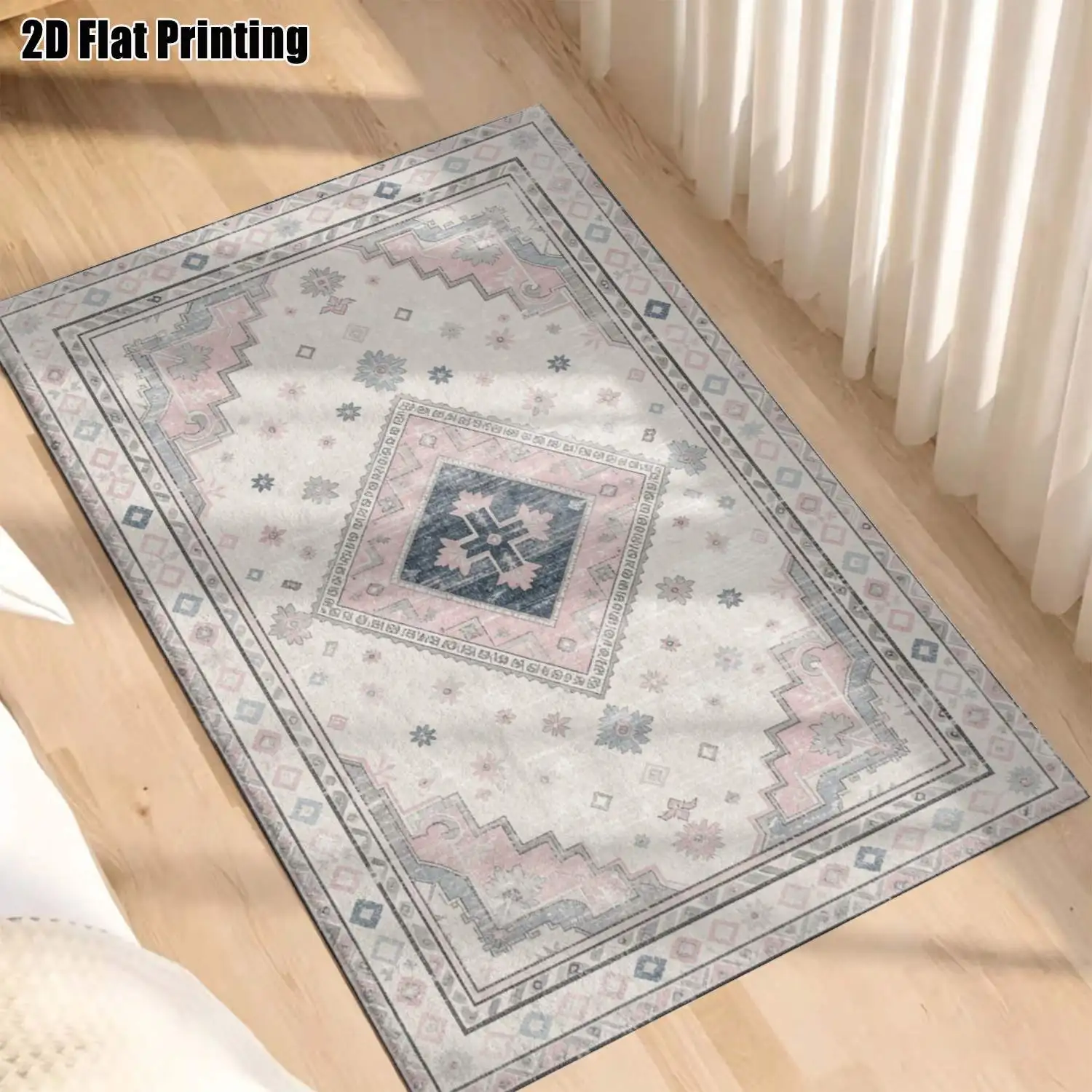 1Pc 2D Printed Carpet: Pink-Blue Geometric Diamond Pattern, Nordic/Instagram/Modern Minimalist/Vintage/Bohemian Style, Multi-Size, Machine Washable, for Entrance, Dining, Foyer, Bedroom, Living Room Home Decor