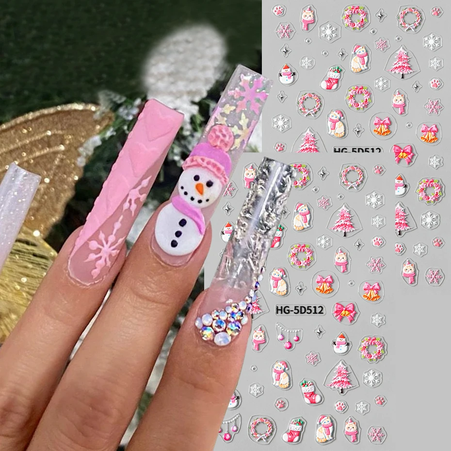 5D geprägte rosa Schneemann Weihnachtsbäume Nagelaufkleber süße Schneeflocke selbstklebende Abziehbilder für Nägel Kawaii Katzen-Nagelzubehör