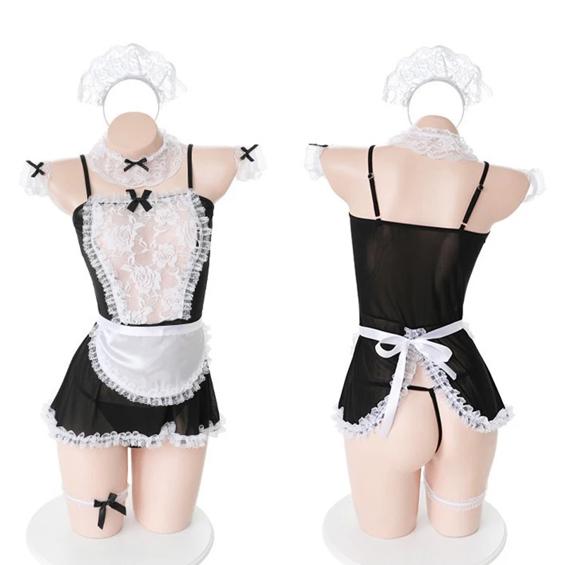 Naughty Maid Cosplay Costume Women\'s Sexy Lingerie For Sex Dresses Lace Bow Bra Halter Backless Underwear Erotic Baby Doll Dress