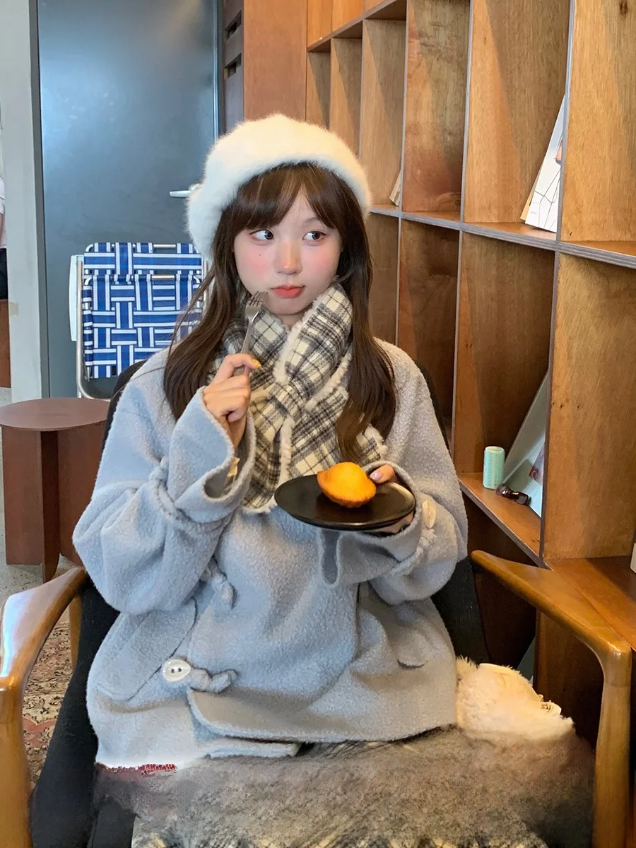 

MUCHA Wooden Tea Thiened ort Шерстяной комплект для женщин Sweet Sle Button Design Осенне-зимнее пальто Jaet Regular Length Sve