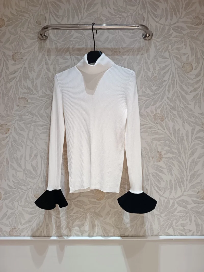 White Stretch Knit Turtleneck Undershirt For Women High Quality Soft Long Sleeve Contrast Black Flare Cuffs Pullover Lady 2024