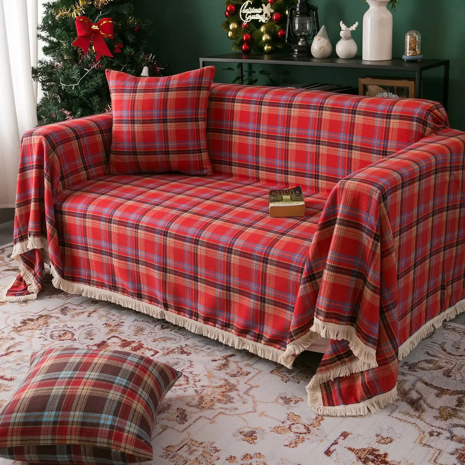 Christmas Washable Sofa Covers Plaid Couch Cover with Tassel Couch Furniture Protector Seat Slipcover Sofa Towel for Living Room