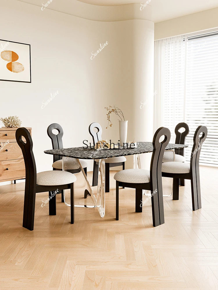 

Terrazzo dining table household French retro cream style marble dining table and chairs FT