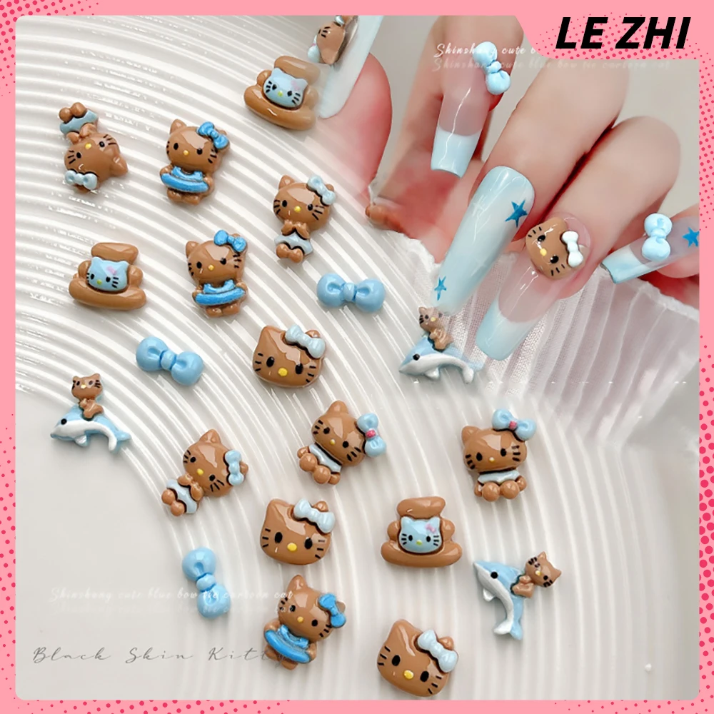 Kawaii Ocean Blue Cartoon Nail Accessories 20Pcs Black Skin Hello Kitty Resin Cat Head Dolphin Decor Art Charms Jewelry Supplies