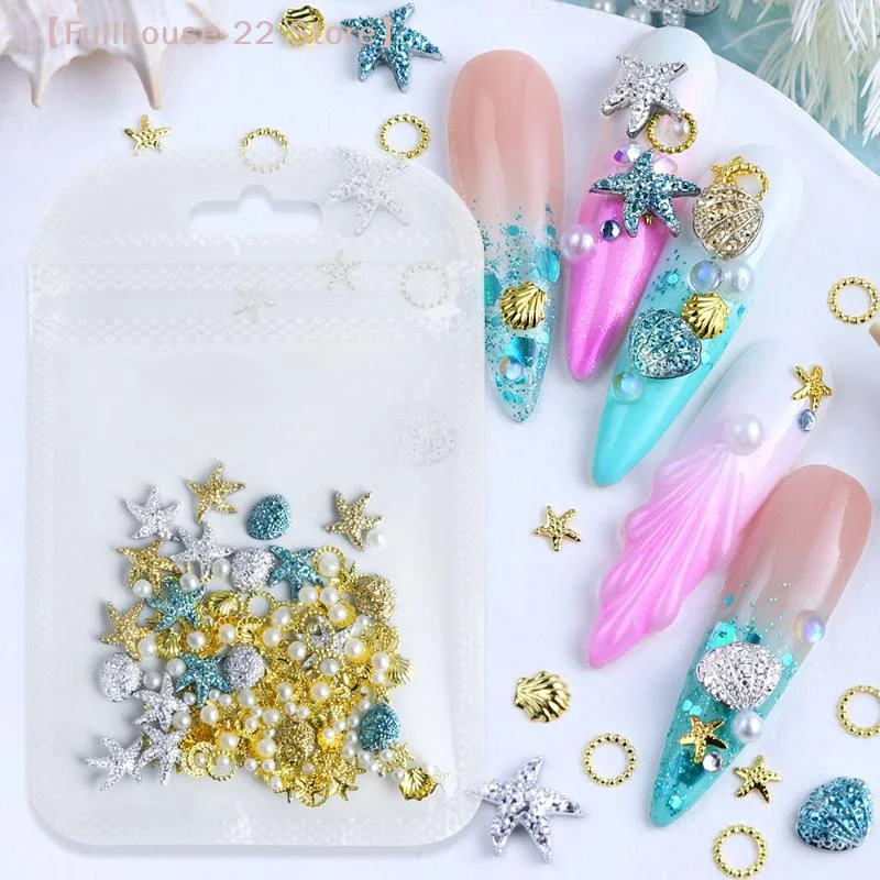 【MAX-22】Ozean-Nagelcharms 3D Metallharz mit Perlen-Dekoration Gold Silber Blau Muschel Seestern Nieten Schmuck Nagelkunst-Zubehör
