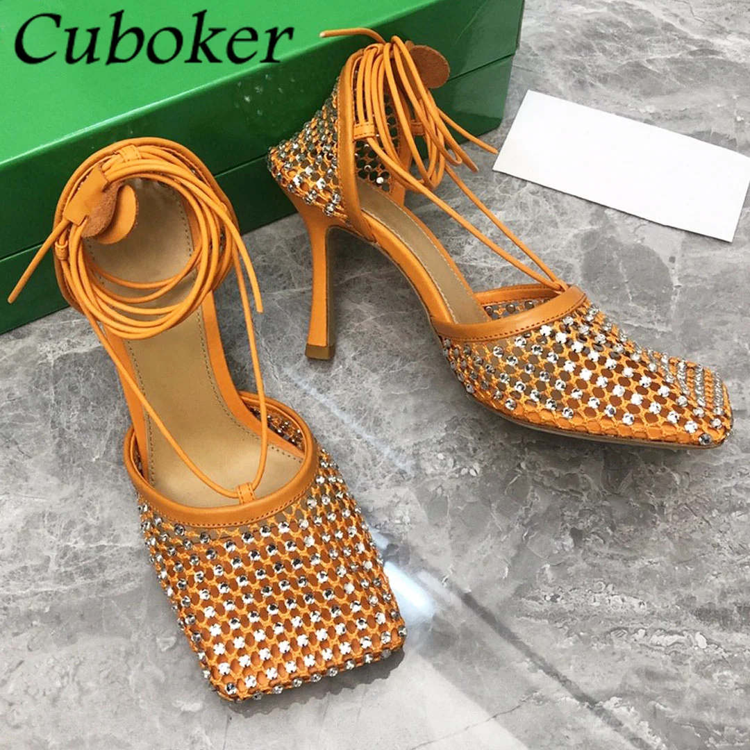 2022 New Brand Runway Women High Heel Net Mesh Crystal Sandals Ankle Strap Pumps Square Toe Summer Party Dress Women Shoes mujer