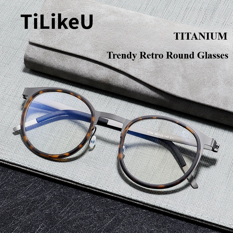 

Denmark Ultra-light Pure Titanium Round Eyeglasses Frame Designer Men's Anti-blue Light Myopia Glasses Frame Screwless Spectacle