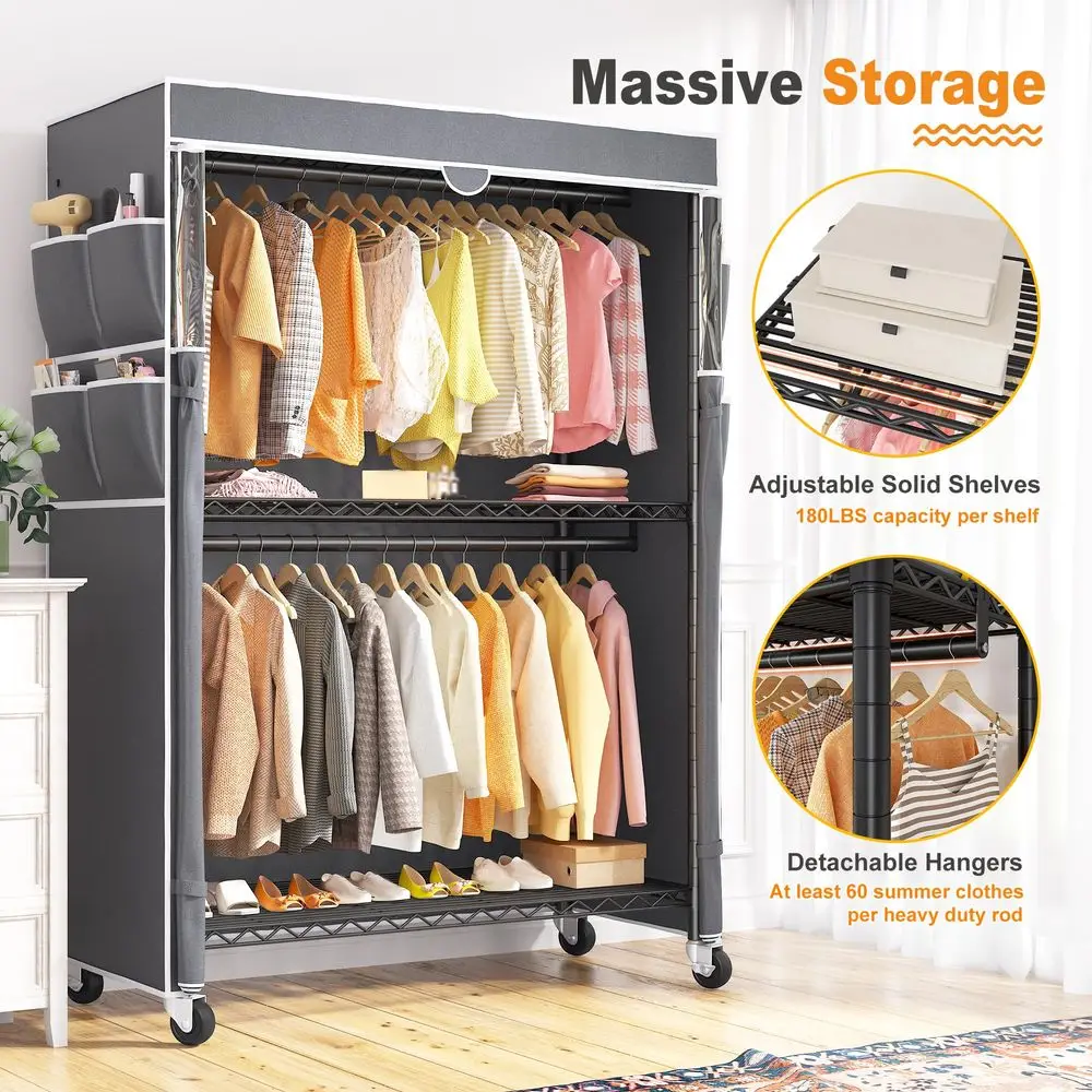 Clothes Rack with Cover, 45 W Heavy Duty Clothing Racks for Hanging Clothes, Portable Closet with Adjustable Shelves and Wheels
