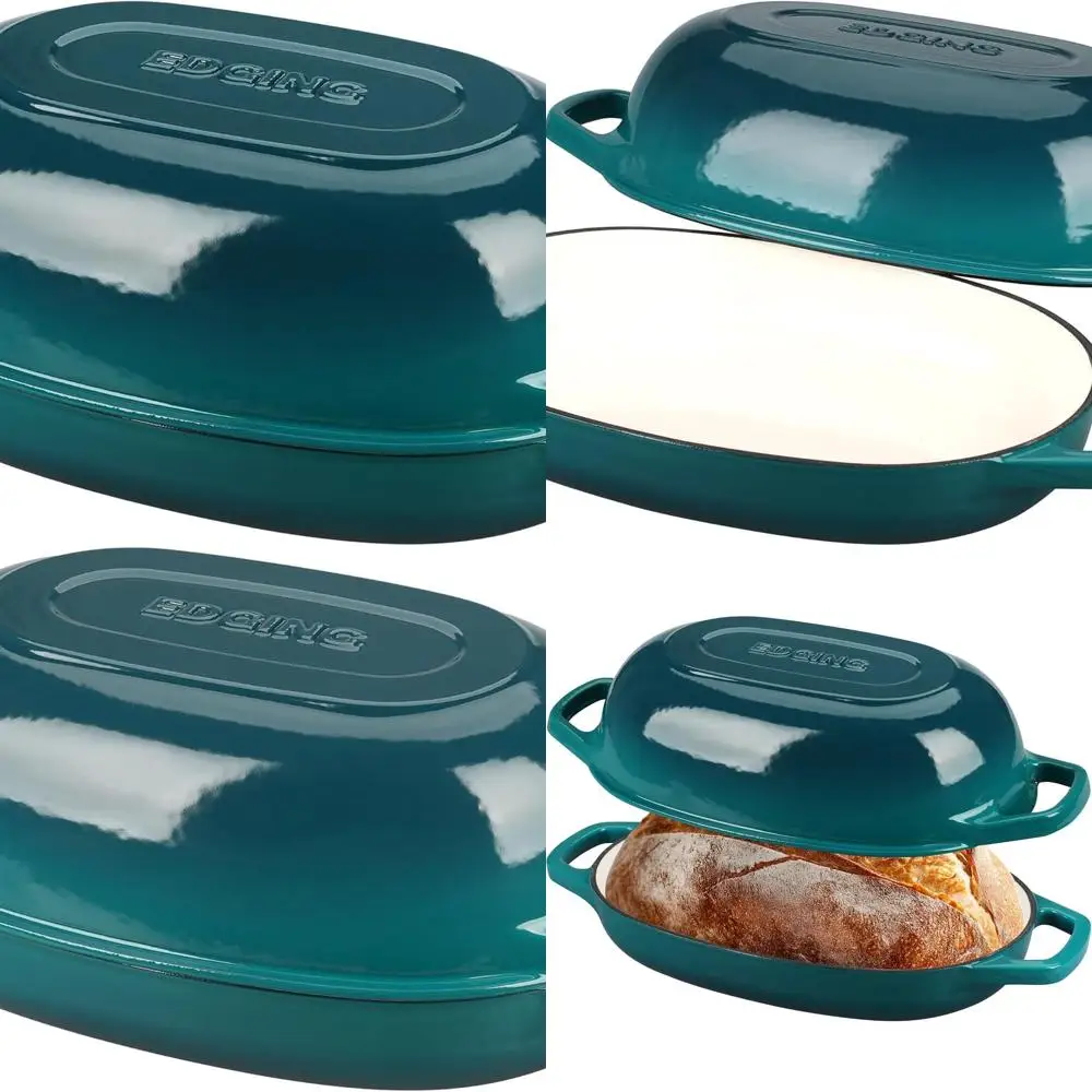 

Овальная эмалированная чугунная голландская духовка с крышкой, 5 литров, идеально подходит для хлеба на закваске, темно-голубой