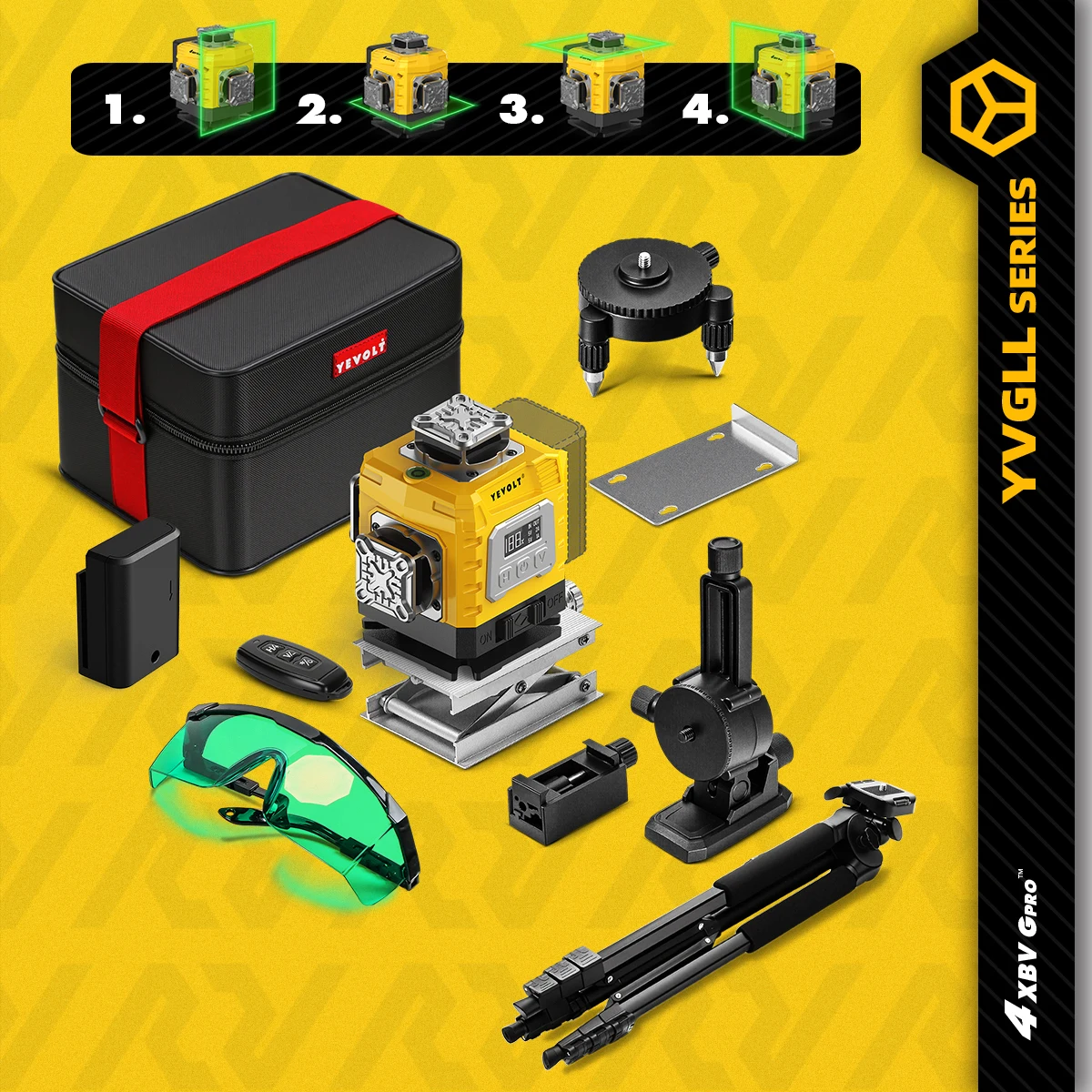 

YEVOLT YVGLL4XS16G 16-Line Multi-Plane Rotary Laser Level ±4° Self-Leveling Industrial Floor Grading Ultra-Precise 30 Long Range