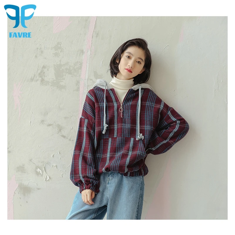 

FAVRE Half-zipper Hat Contrast Sweatshirt Women Wool Plaid Hoodies Loose Y2K Spring Autumn Casual Lazy Korean Stitching Pullover