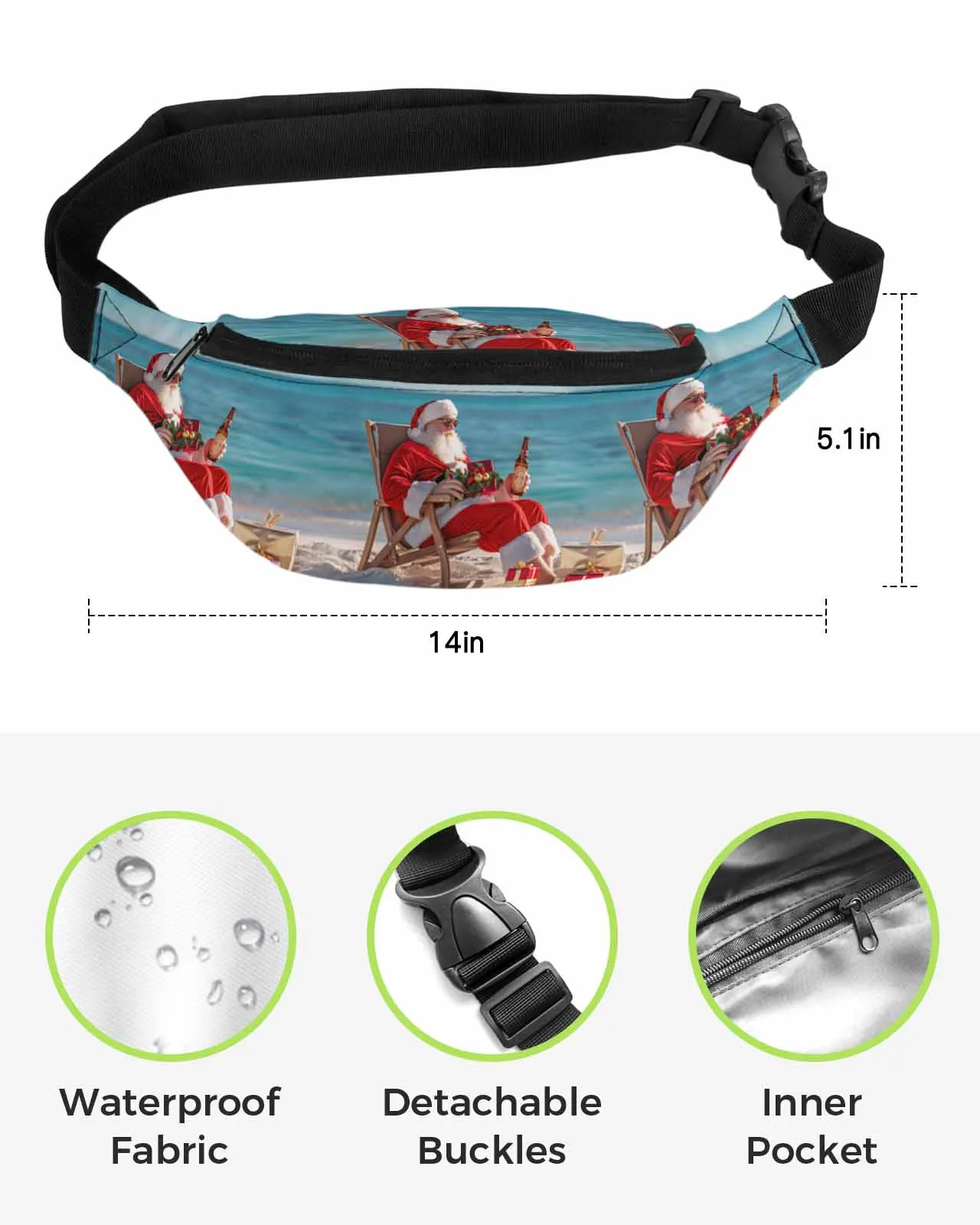 Santa Claus Beach Ocean Gift  Men Women Waist Bag Fanny Pack Phone Belt Bag Wallet Pouch Waterproof Banana Hip Bags