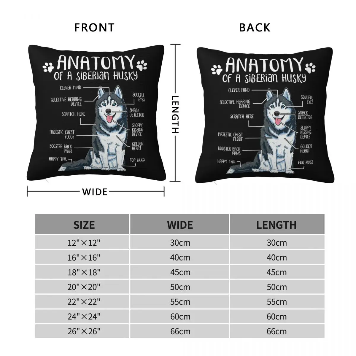 Funny Siberian Husky Anatomy Square Pillowcase Polyester Linen Velvet Pattern Zip Decor Room Cushion Cover 18