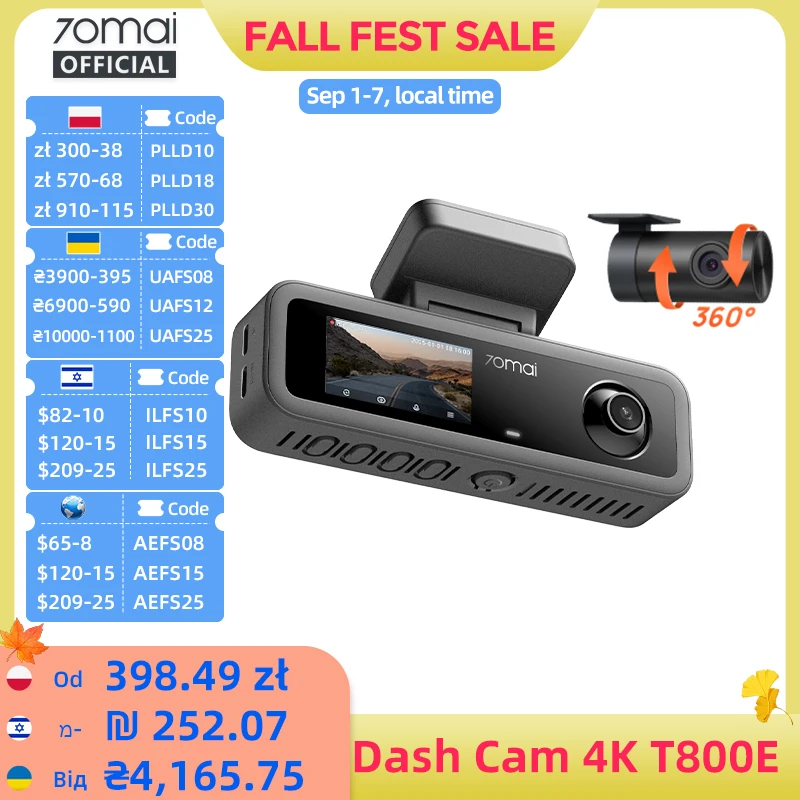 Image of 70mai 4K T800E 3-in-1 Dashcam für vorne, hinten und Innenraum, f/1.55 Nachtsicht, Superkondensator, GPS, Sprachsteuerung, Auto-DVR 70mai T800E