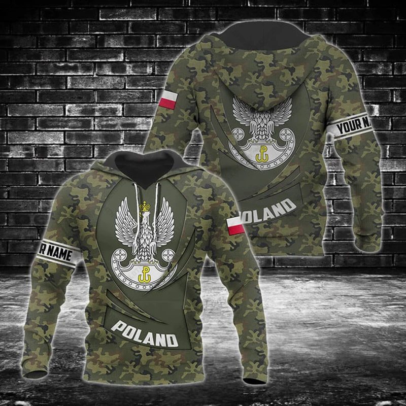 Custom Name Poland Skull Graphic Camouflage Hoodies Shirts Unisex Loose Sweatshirts Casual Pullover Oversized Tops Streetwear