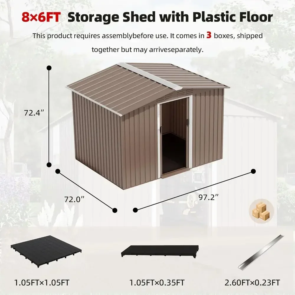 8' x 6' Outdoor Storage Shed - Galvanized Metal Tool Shed with Vents, Sliding Door, Waterproof for Garden, Patio, Lawn, Backyard