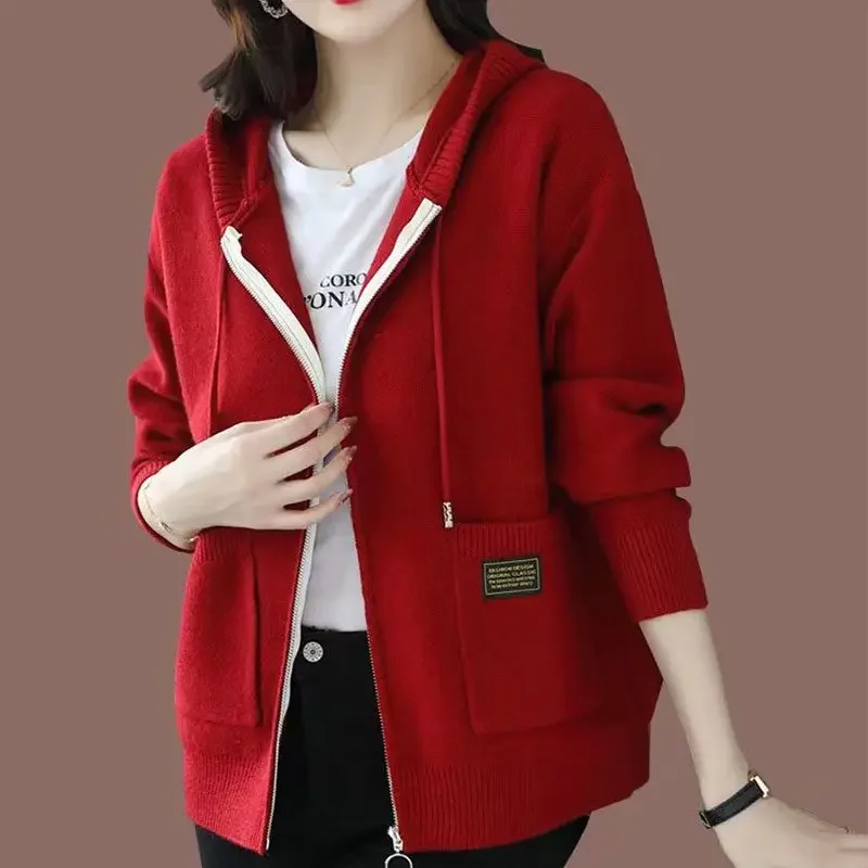 Hooded Zipper Wool Cardigan Coat Women's Knitwear Mama's Elegant Loose Sweater Fashion Solid Color