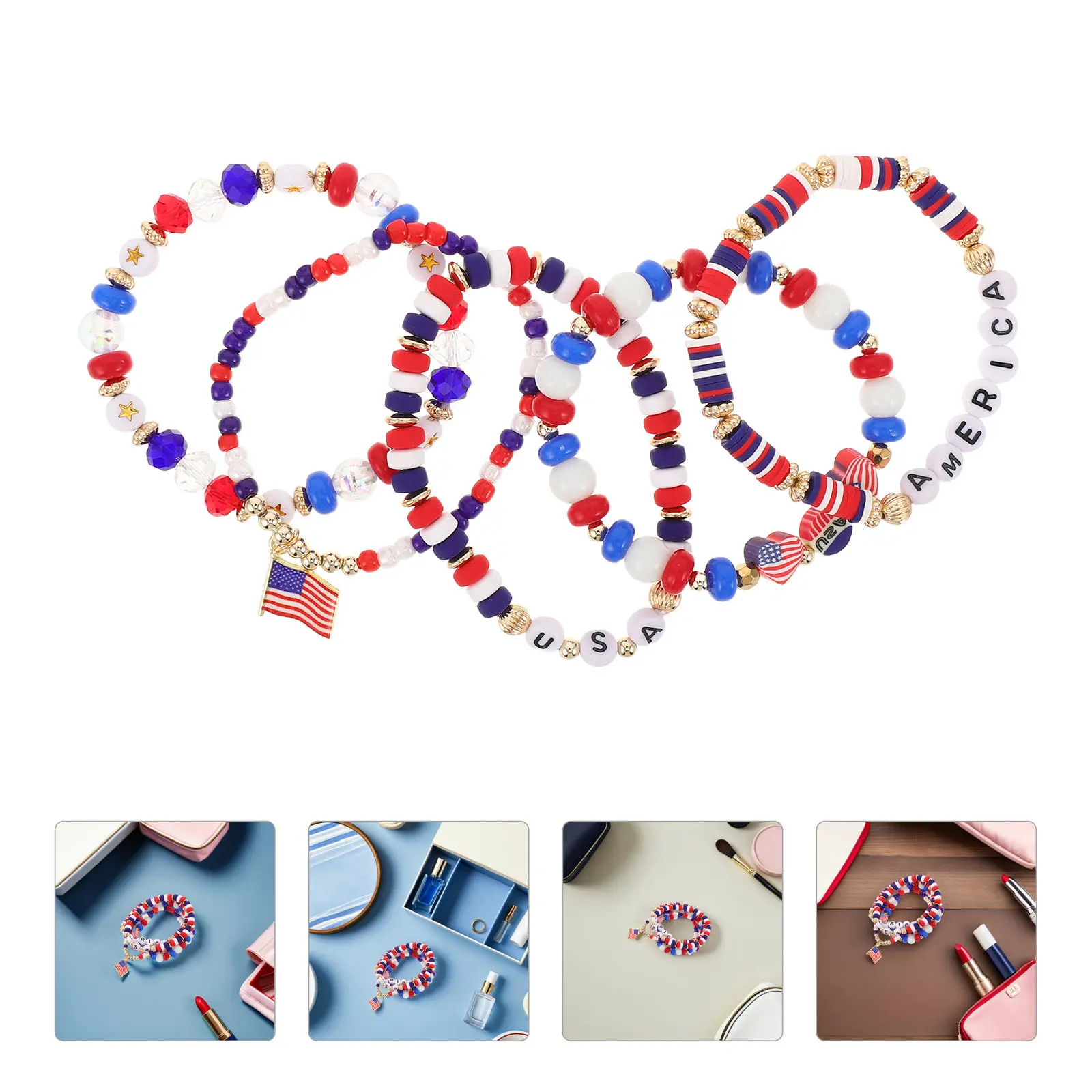Red White Blue Beaded Stretch Bracelets for Women – Patriotic Friendship Jewelry for Independence Day