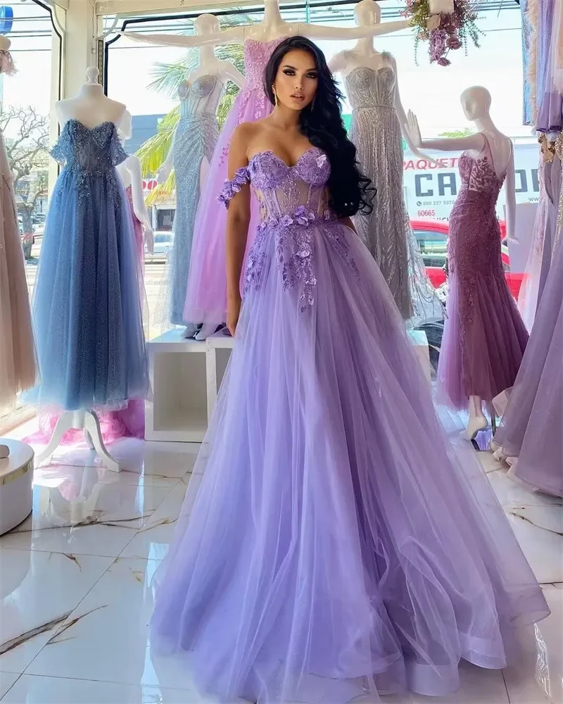 

Elegant Lilac Prom Dresses Off Shoulder Lace Applique Floral Tulle Long Sweep Train Prom Gowns Formal Party vestidos de fiesta