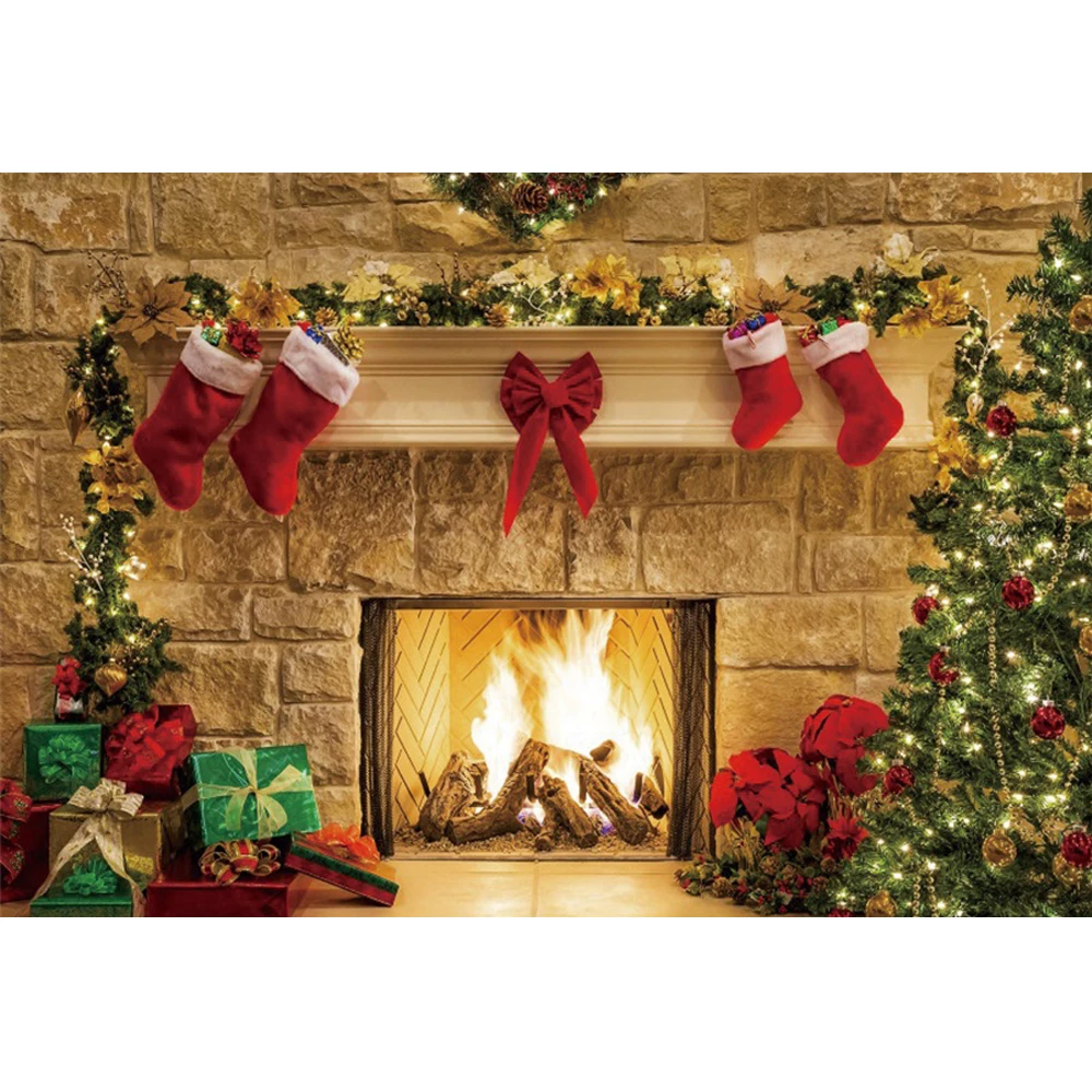Fondo de Feliz Navidad para niños, sesión fotográfica, árboles, regalo, luces brillantes, decoración de chimenea, Fondo de foto de bebé, decoración de fiesta familiar