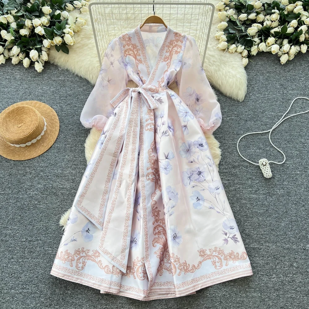 Clothland femmes élégant robe portefeuille en Satin à fleurs croix col en V à manches longues ceintures une ligne Vintage robes Maxi Vestido QE275