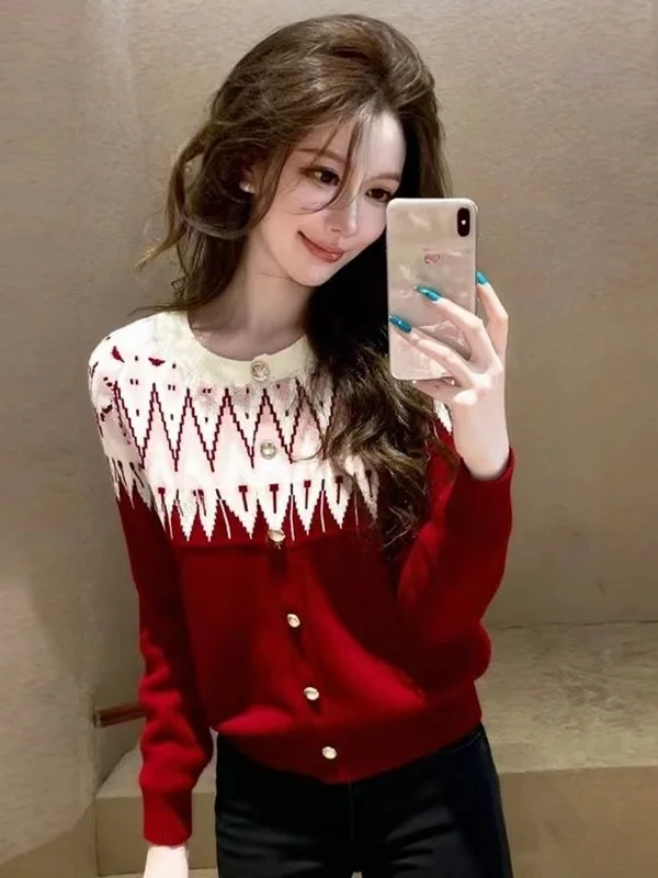 Retro Fair Isle Slimming Knitted Sweater Women's Loose Fit Cardigan Coat Spring Autumn Winter New Style Short Length Casual Wear