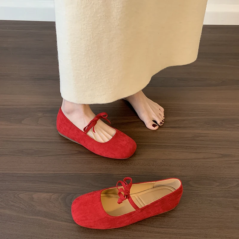 春と秋のシンプルな無地フレンチレトロボウフラットバレエシューズ、ワンストラップシングルシューズ、女性用