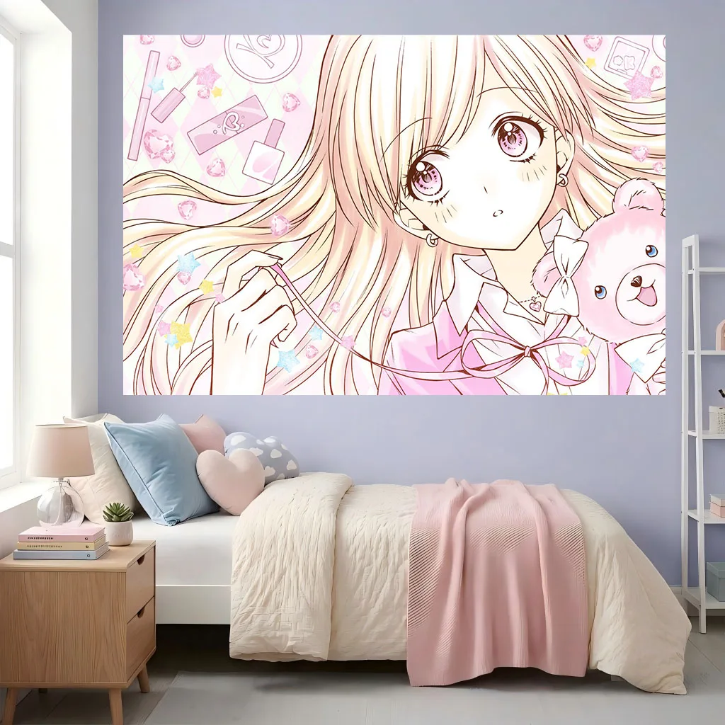 Kawaii Pink Shoujo Anime Girl Tapestry Background Manga Wall Hanging Pastel Aesthetic Polyester Dorm Bedroom Background Sweet
