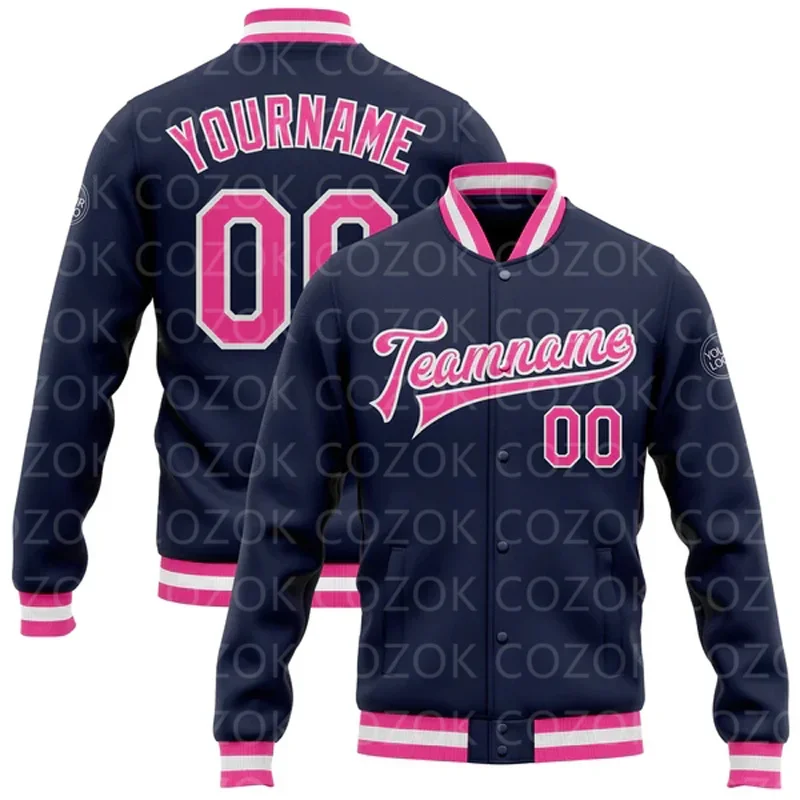 Custom Blue Pink 3D Printed Baseball Button Jacket Bomber Full-Snap Varsity Letterman Jacket