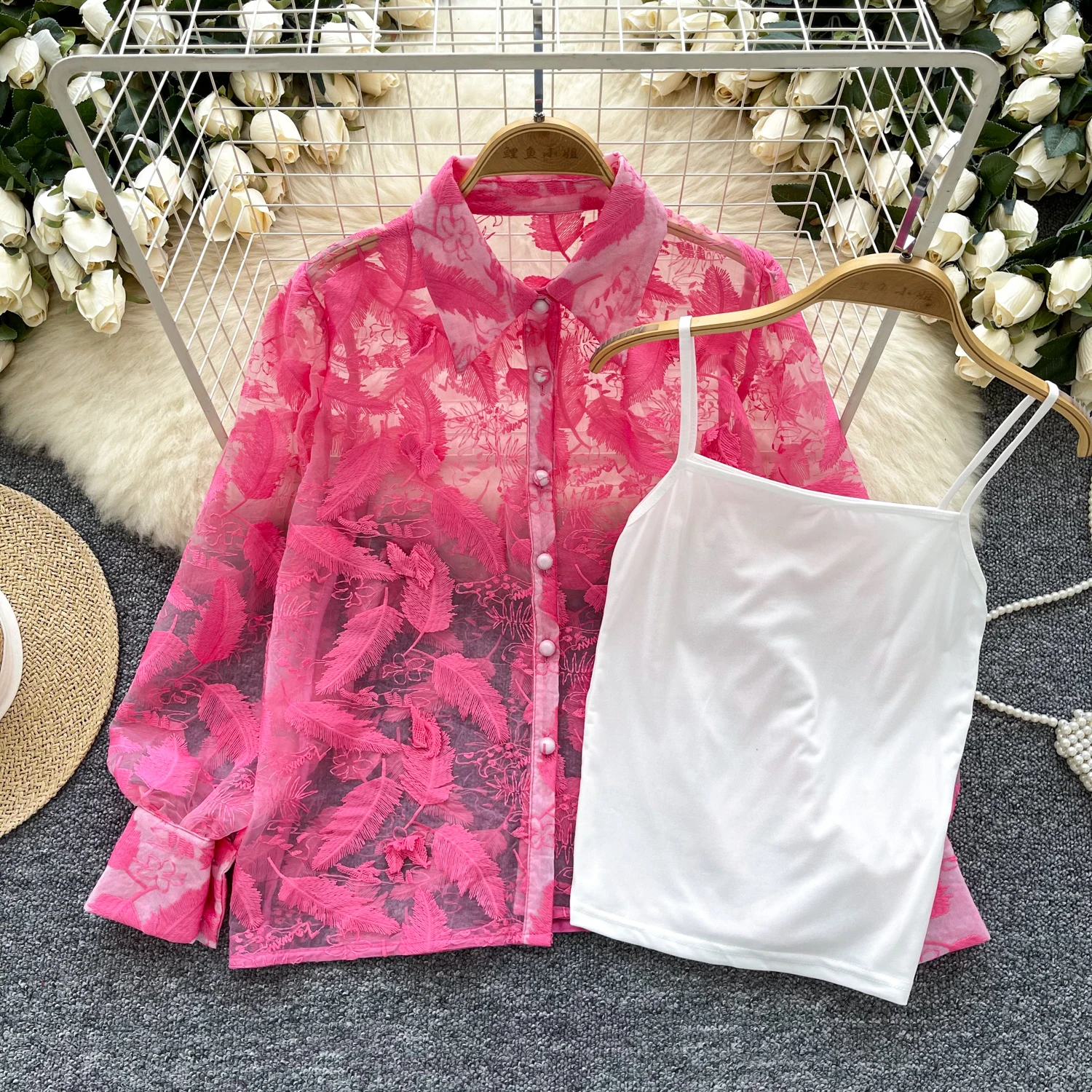 Chic Women Two-Piece Sets Mesh Long Sleeve High Street Feathers Embroidered Blouse and Basics slim Vest Korean Fashion Clothing