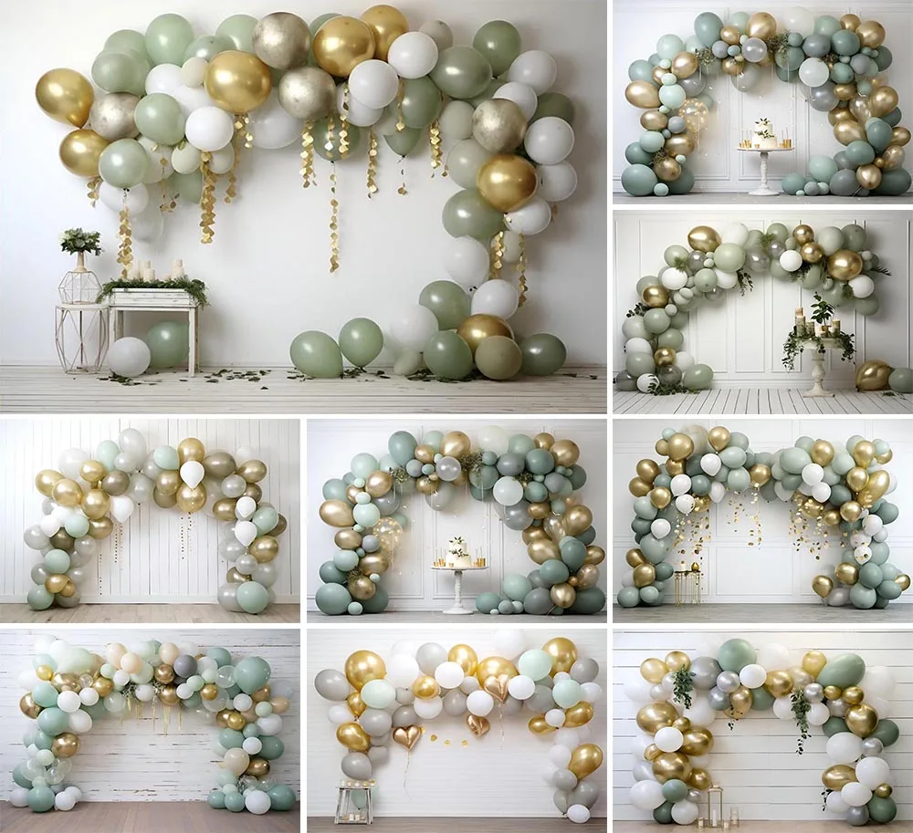 خلفية تصوير Mehofond ، غرفة بيضاء ، أخضر ، بالونات ذهبية ، حفلة عيد ميلاد ، زفاف ، ديكور بورتريه ، خلفية ، استوديو تصوير ، بالغ