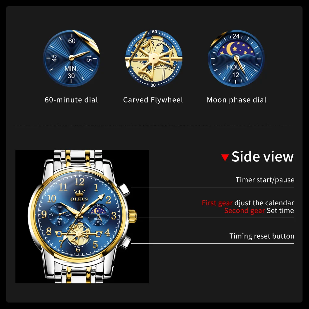 OLEVS brand2900 Men\'s Watches Stainless Steel Calendar Moon phase Watch Chronograph Big Dial Men\'s Wristwatches Original