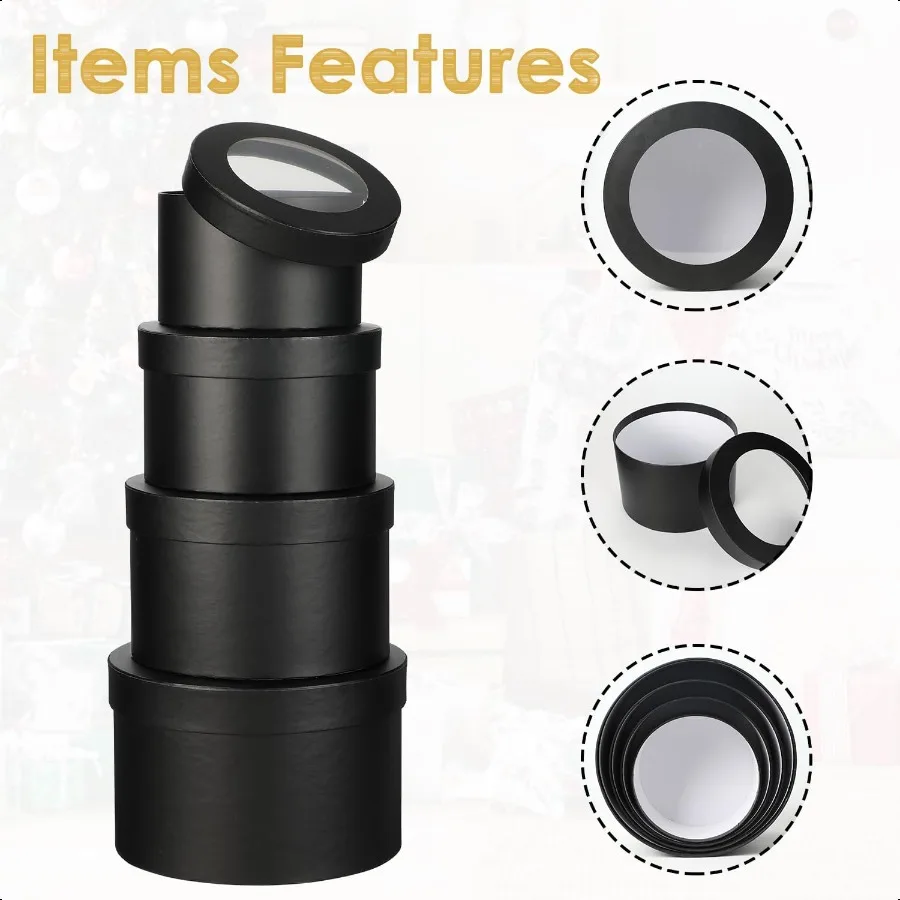 Scatole per fiori per composizioni Scatole regalo rotonde per nidificazione con coperchi trasparenti Scatole rotonde nere per fiori Set di 4 dimensioni assortite Fl