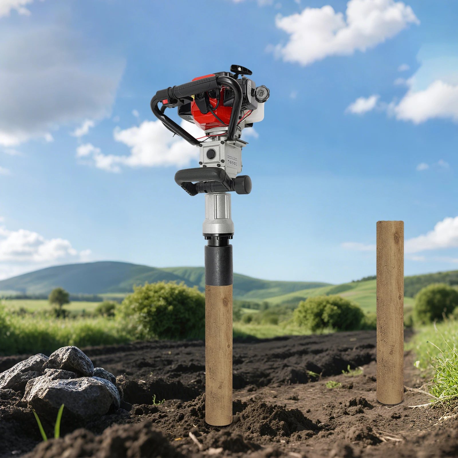 Pile driver/décompacteur 2-en-1 à essence, 32,7 cm³ 7000 tr/min avec tête à changement rapide pour la construction et l'aménagement paysager