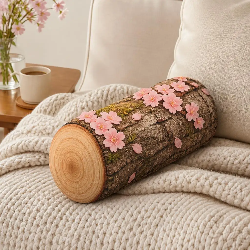 Cherry Blossom Log Shaped Pillow Stuffed Tree Trunk Cushion Spring Floral Throw Pillow for Sofa Rustic Decorative Home Decor
