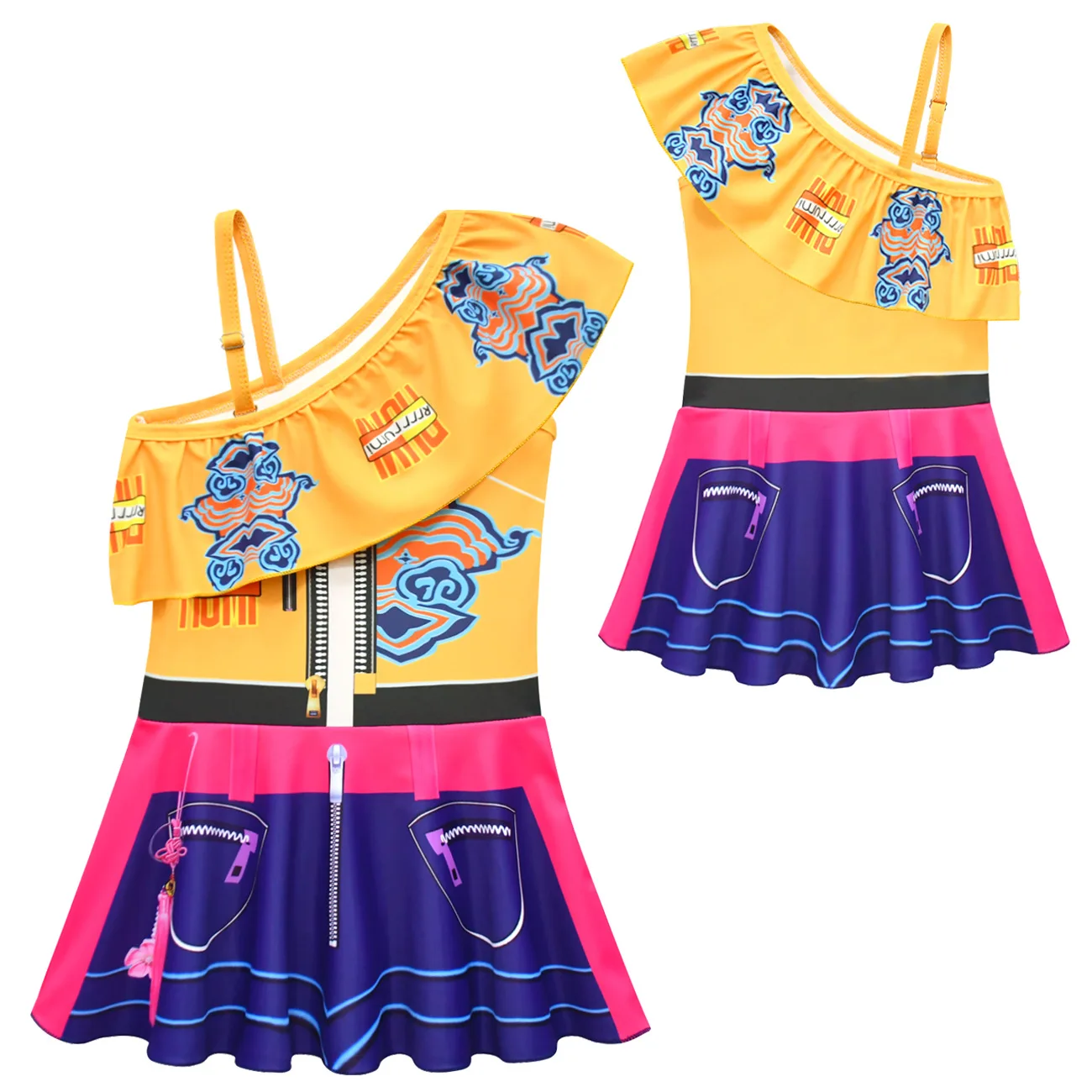 2pcs/set Kids Girls' One-Shoulder One-Piece Swimsuit Swim Cap New Summer Children's One-Piece Skirt Swimsuit Beachwear 20689