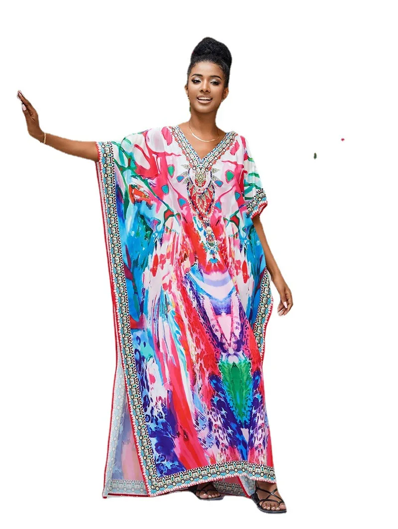 Цветочный богемный кафтан, повседневное пляжное платье с V-образным вырезом и рукавом до локтя, летняя одежда, Женская пляжная одежда, купальный костюм, накидка