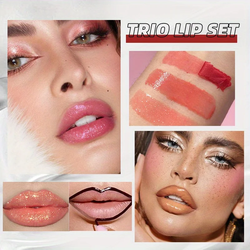 3-Pack non-stick cup matte pattern embroidery peel-off tear-off lip gloss lip line easy-to-color mirror pearlescent lip oil set