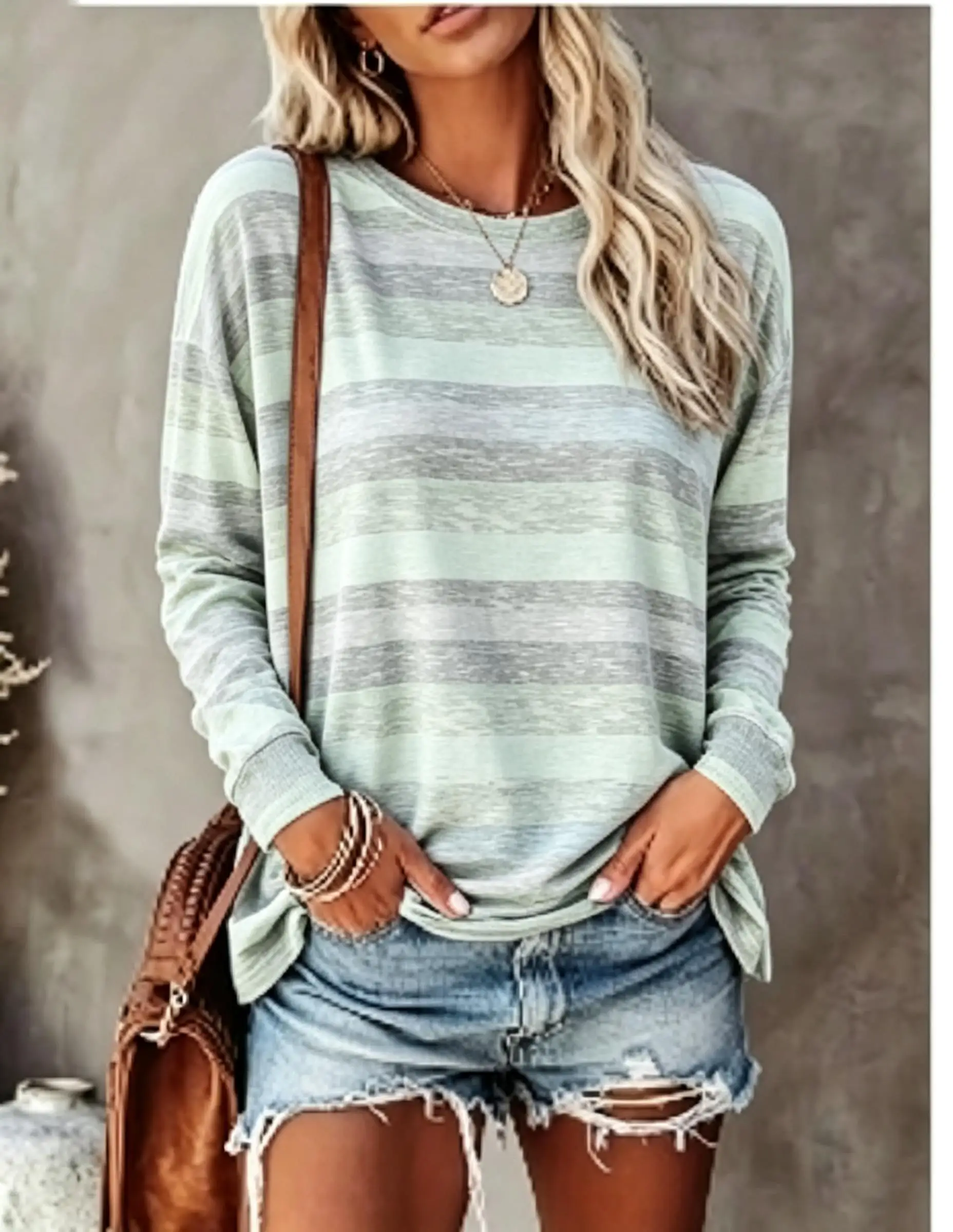 Women Long Sleeve T‑Shirt Vintage Distressed Color Block Stripe Print Crew Neck Casual Fall Tops view 4