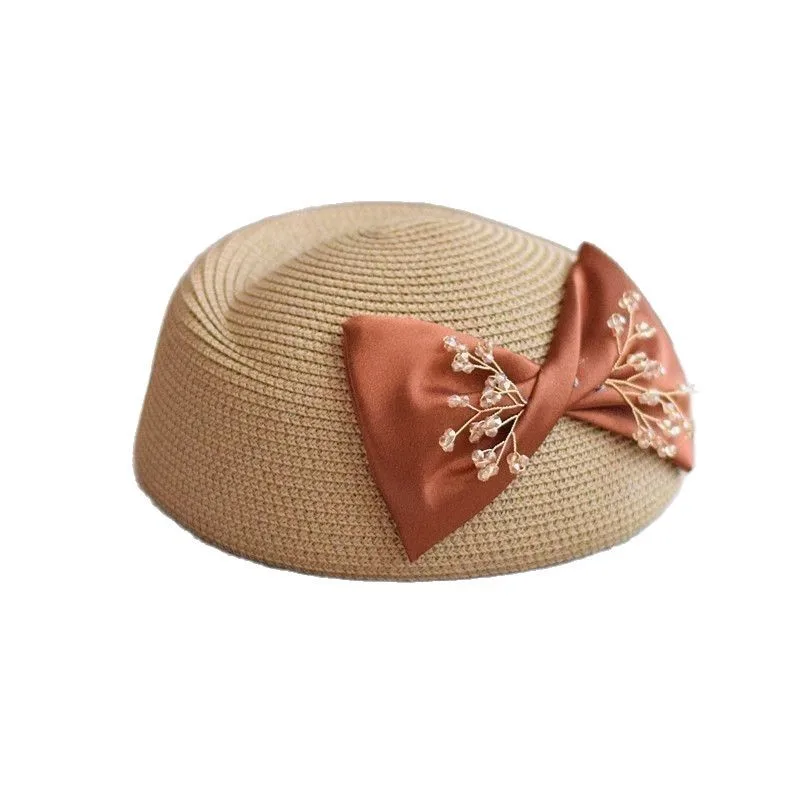 

Summer Straw Beret Cap for Women Breathable Straw Summer Bow Jewelry Fedora Cap Elegant Ladies Spring Summer Berets Boina Hombre