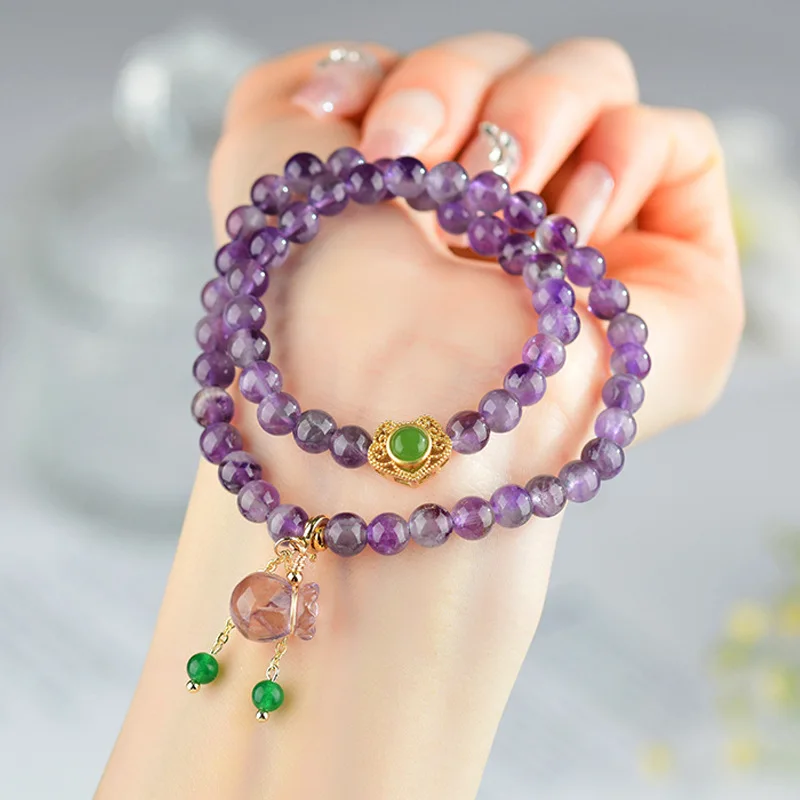 

Natural Dreamy Amethyst Money Bag Double Circle Vintage Women'S Bracelet Girlfriend Or Best Friend
